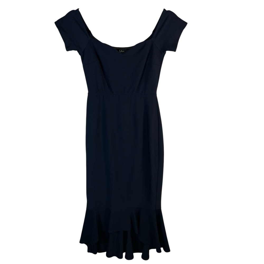 Lulus Navy Blue Off The Shoulder Ruffle High Low Hem Bodycon Midi Dress XS‎